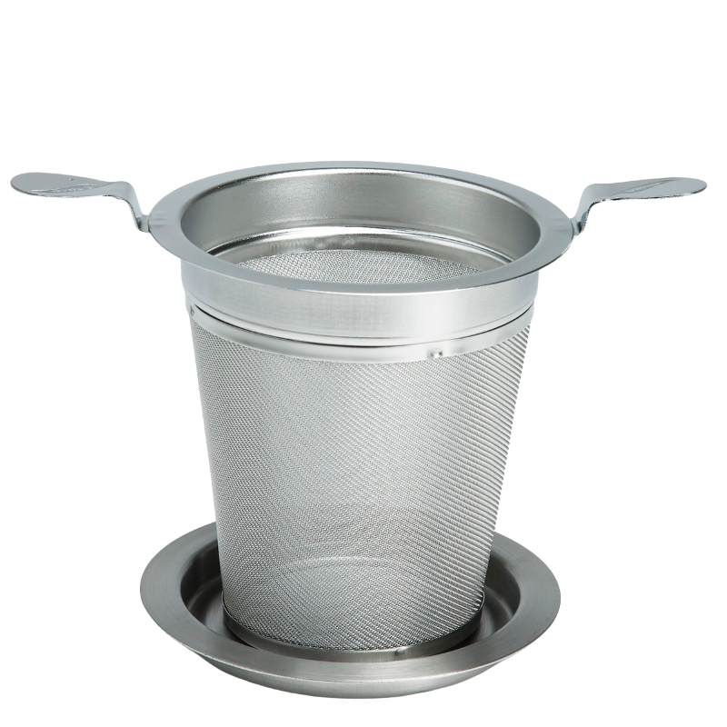 Edelstahlfilter mit Doppelhenkel und Abtropftablett